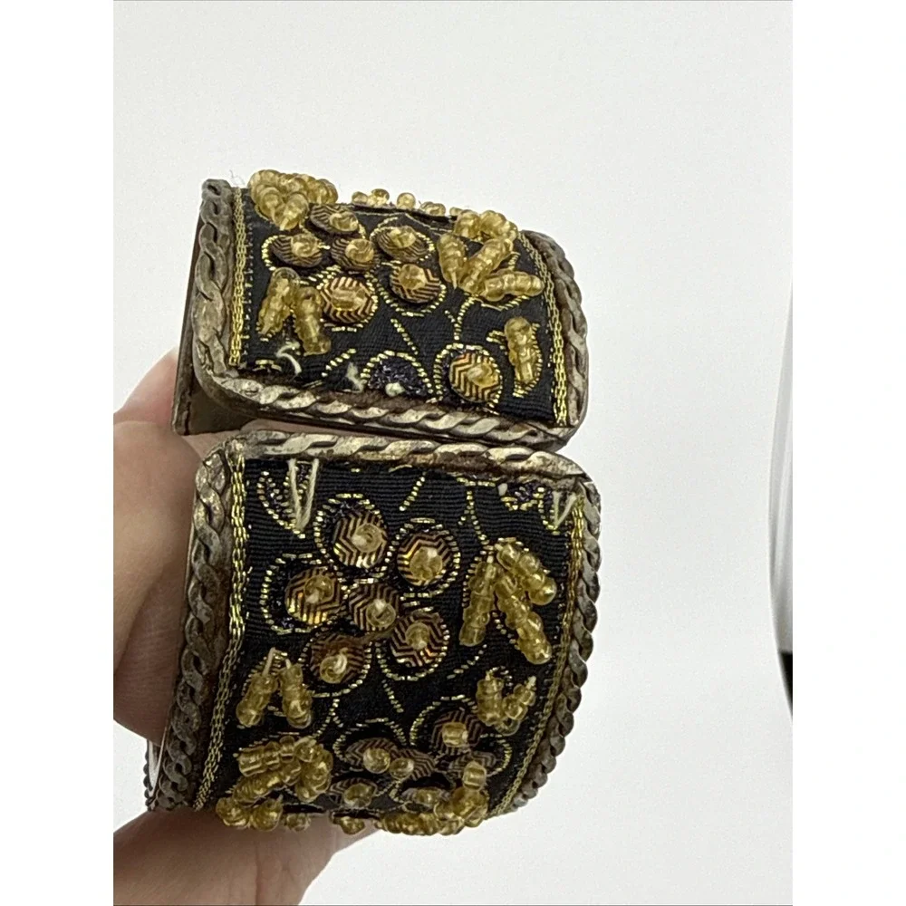Vtg Ottoman Style Hinged Clamper Bracelet Tribal Ethnic Beaded Fabric Silver Ton